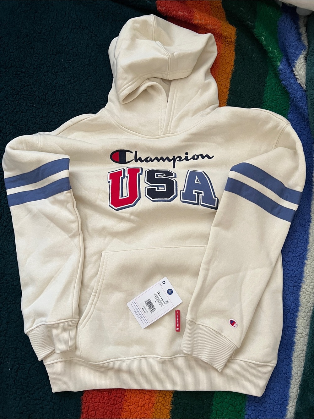 Champion Cream USA Logo Hoodie with Blue and Red Accents